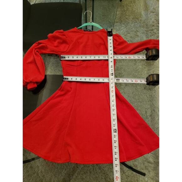 Boohoo Skater Dress Women's 4 Red Bust Detail Blouson Sleeve Crew Neck Pullover - Picture 8 of 13